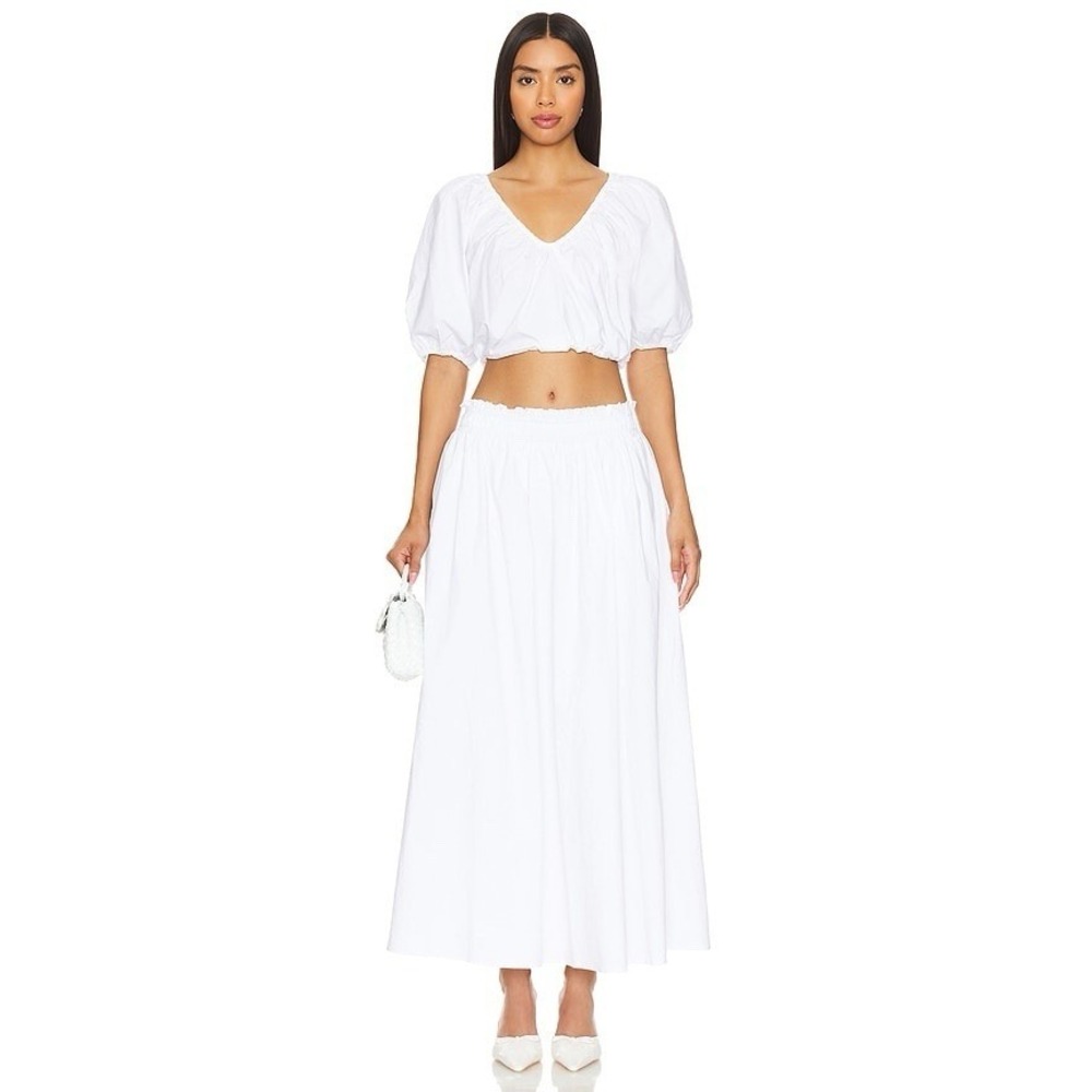 Tularosa Donna Maxi Skirt Women's White  XS  Smocked High Waist Flowy Pockets!